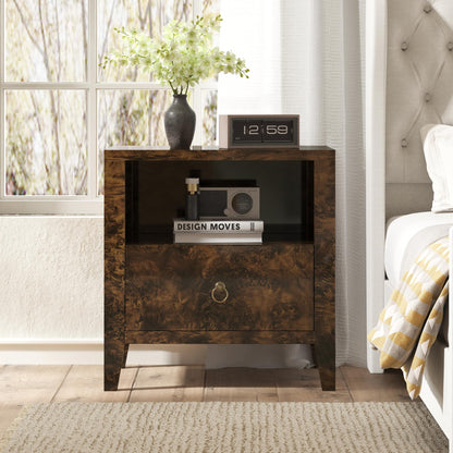 Burl Set of 2 Mid Century Modern Wood Nightstand with Drawer-Brown