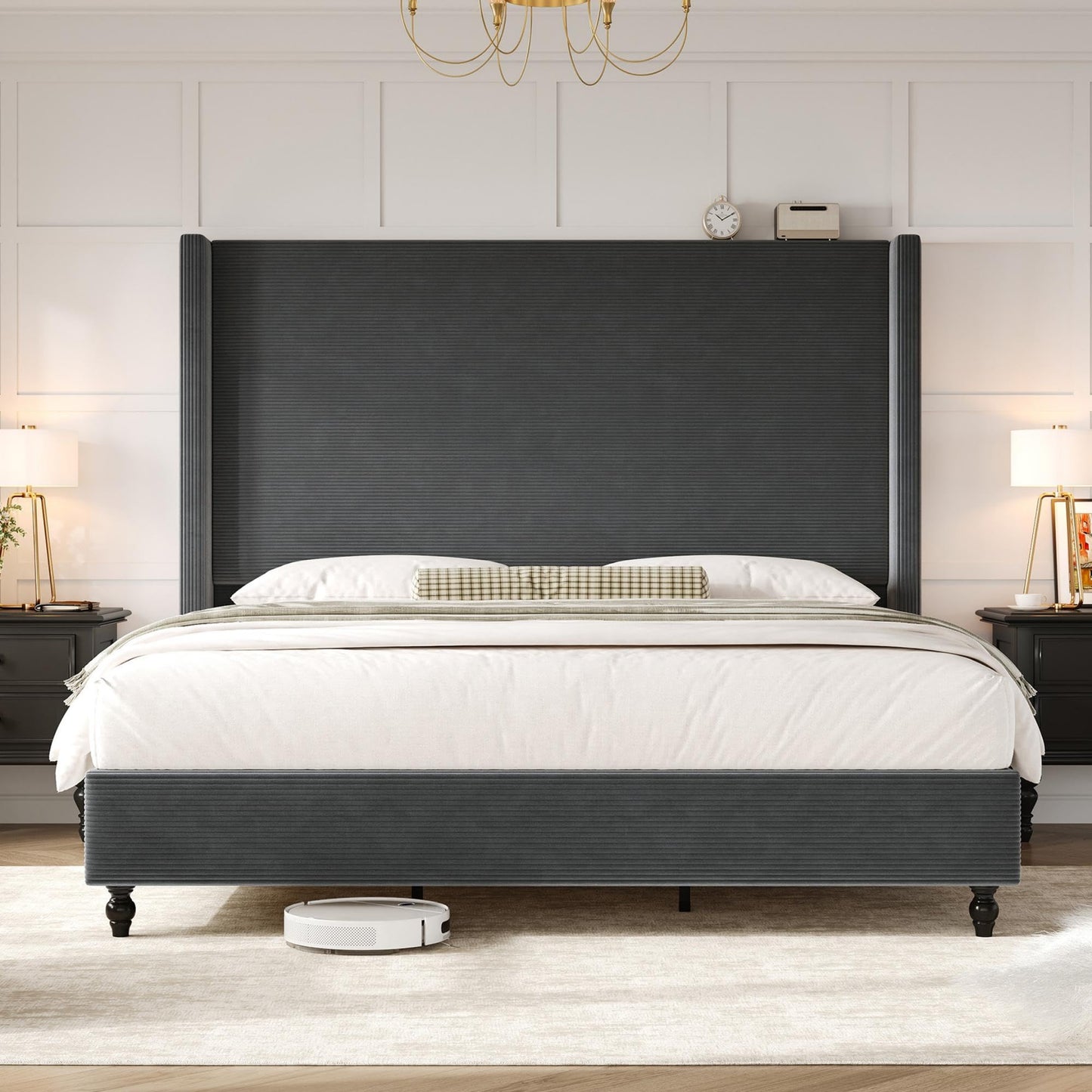 Cordelle Corduroy Wingback Bed Frame-Queen-Dark Grey