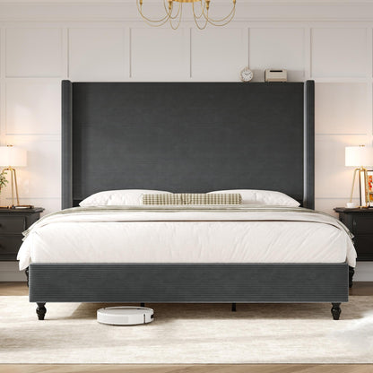 Cordelle Corduroy Wingback Bed Frame-Queen-Dark Grey