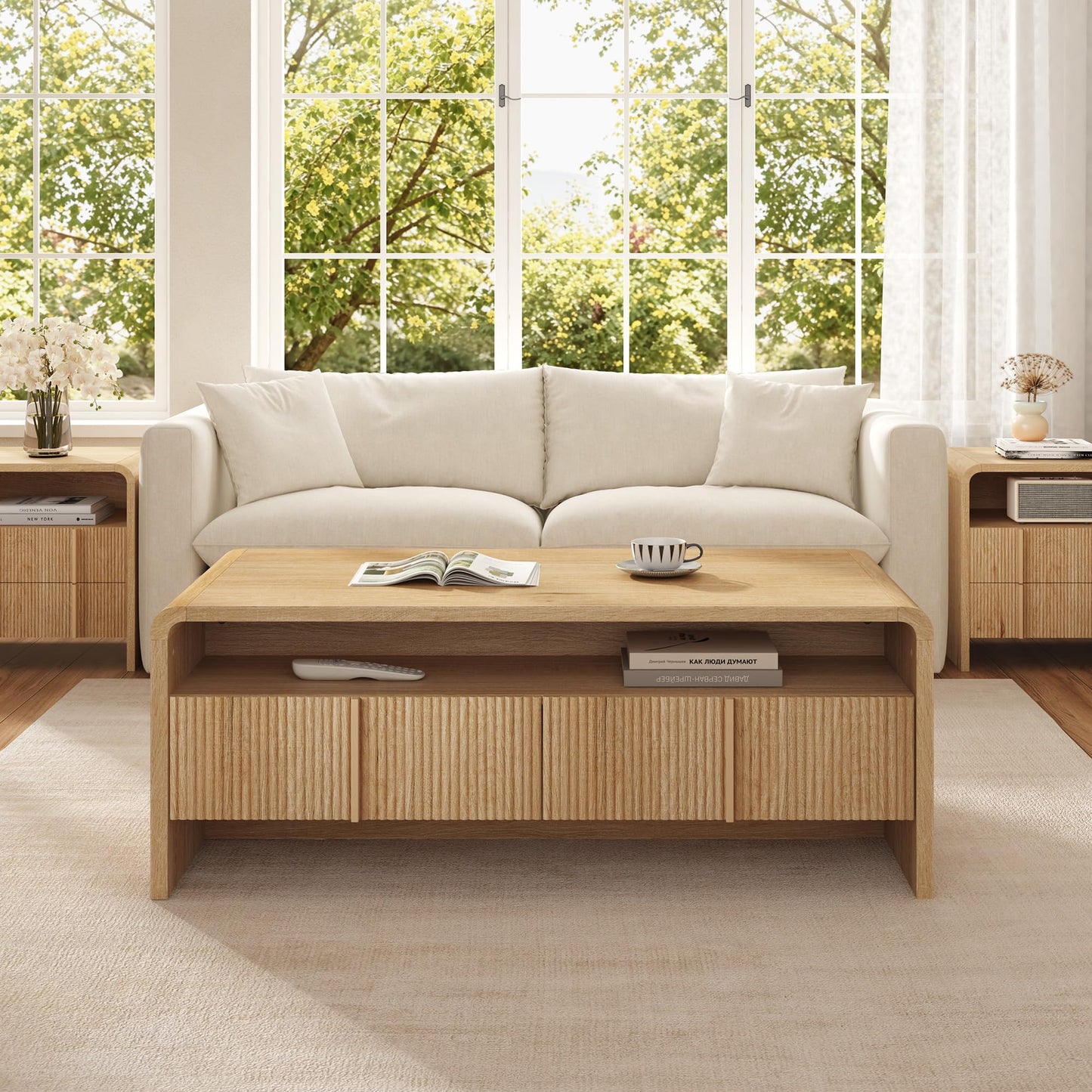 Modern Wood Grain Coffee Table with Drawers-Natural Oak-Fluted