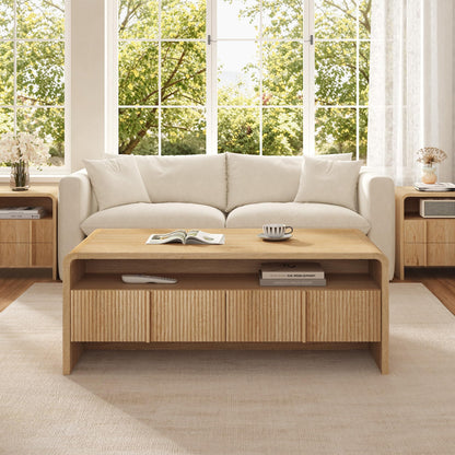 Modern Wood Grain Coffee Table with Drawers-Natural Oak-Fluted