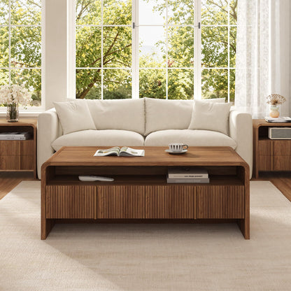 Modern Wood Grain Coffee Table with Drawers-Brown-Fluted