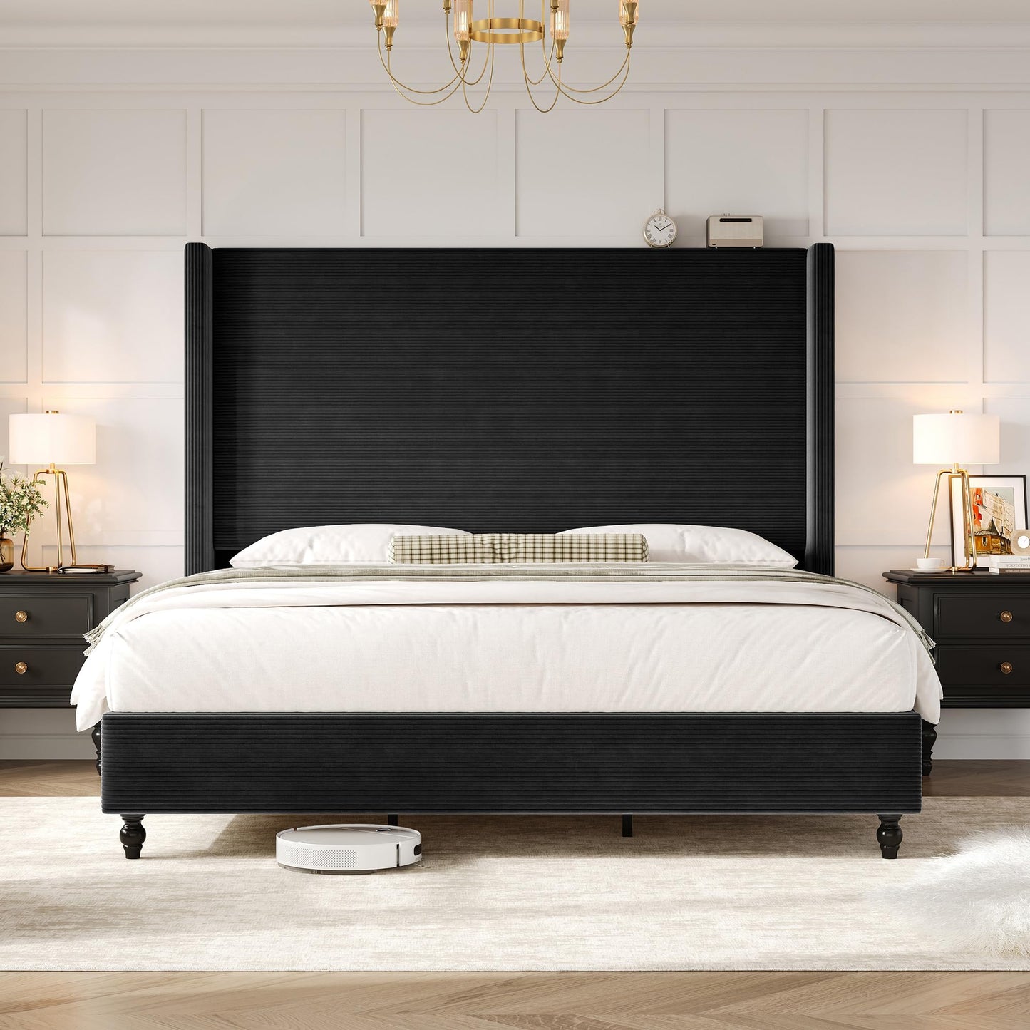 Cordelle Corduroy Wingback Bed Frame-Queen-Black