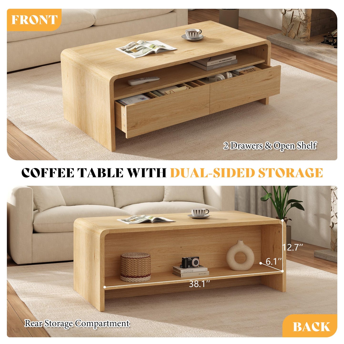 Modern Wood Grain Coffee Table with Drawers-Natural Oak-Flat