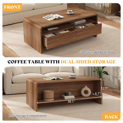 Modern Wood Grain Coffee Table with Drawers-Brown-Flat