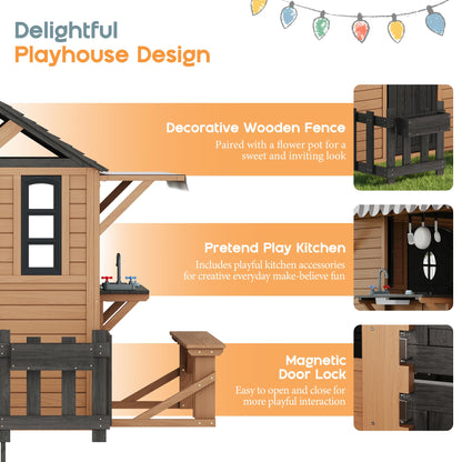 Wooden Outdoor Playhouse for Kids with Kitchen-Brown-81.9" L x 83.9" W x 64.8" H