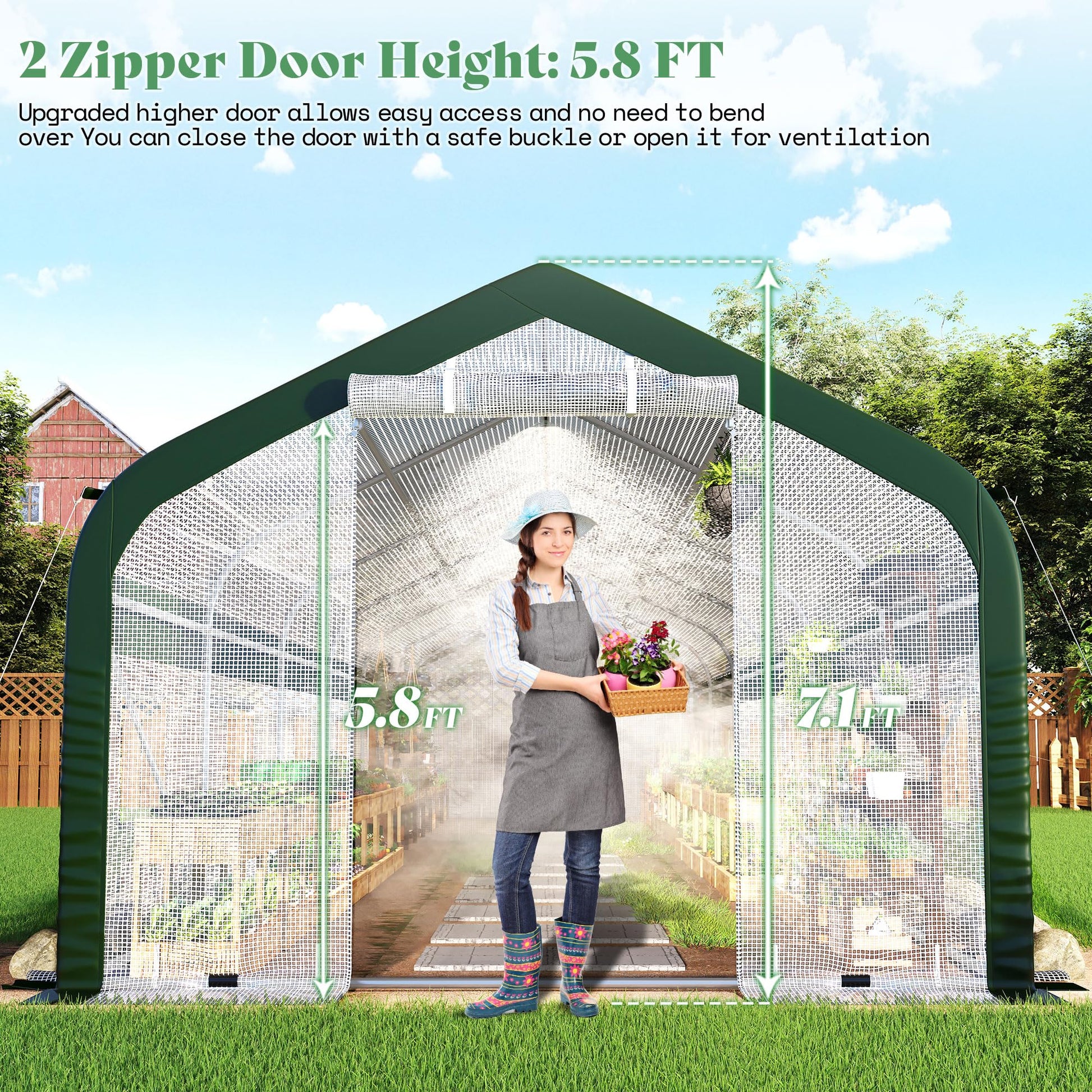 Canopy 34x10 FT Walk-In Greenhouse with Watering System-White+Green-34x10 FT