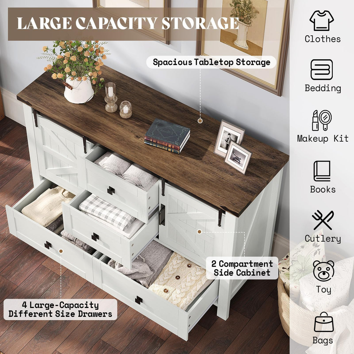 Marlowe Farmhouse Dresser with Drawers-15.8"D x 47"W x 31"H (4 Drawers)-Distressed White