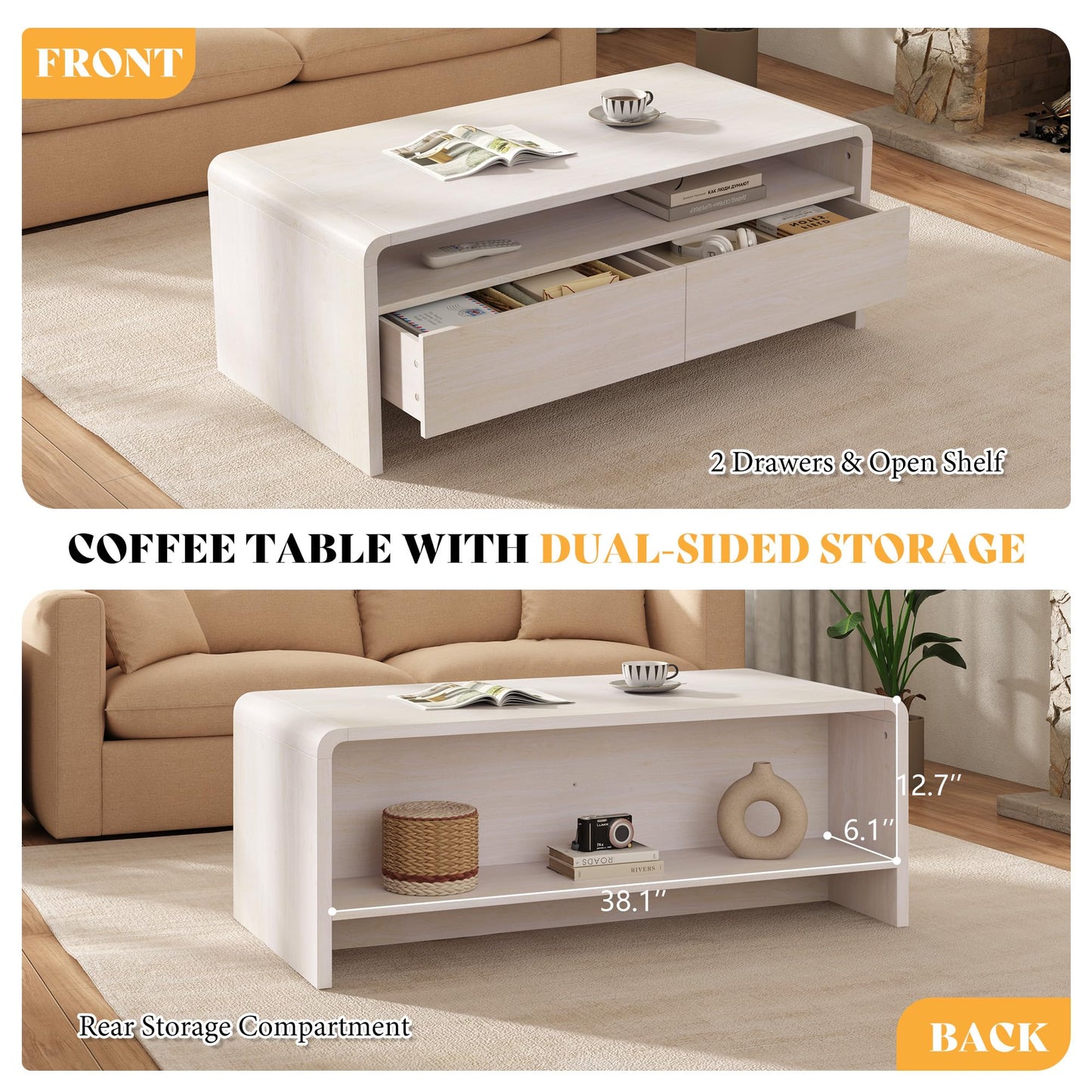 Modern Wood Grain Coffee Table with Drawers-White-Flat