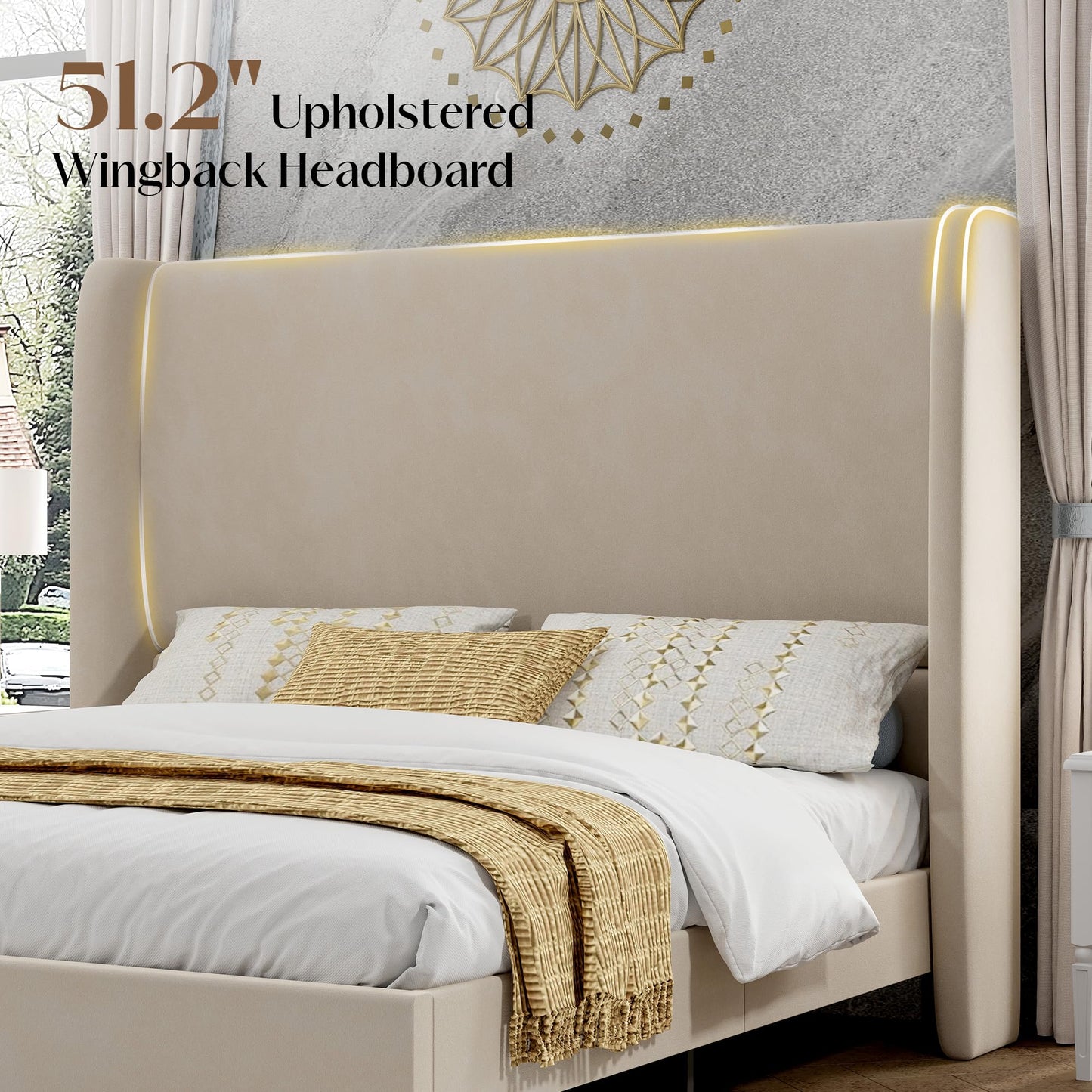 Tall Upholstered Bed Frame with Wingback Headboard-Queen-Off-white
