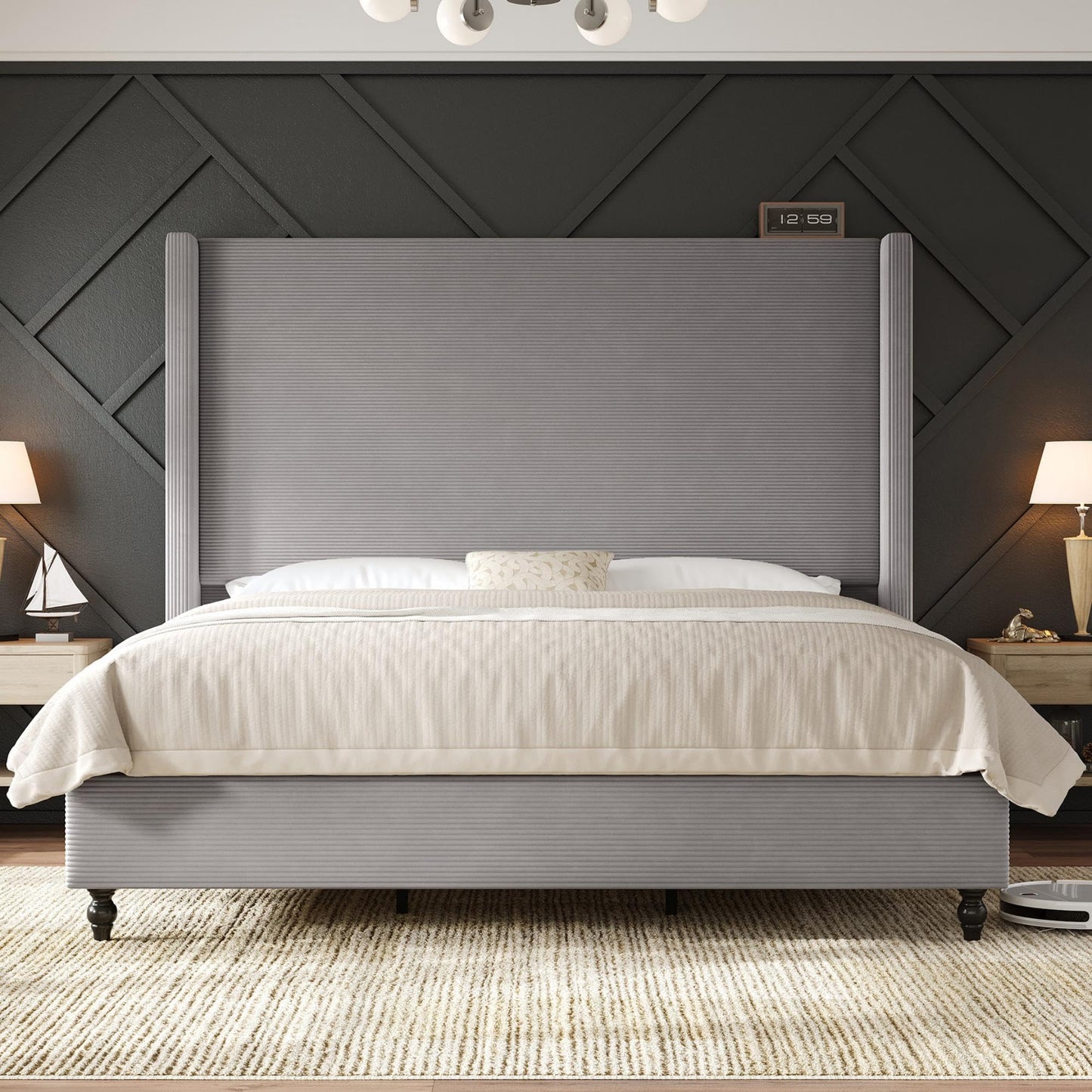 Cordelle Corduroy Wingback Bed Frame-California King-Light Grey