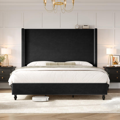 Cordelle Corduroy Wingback Bed Frame-King-Black