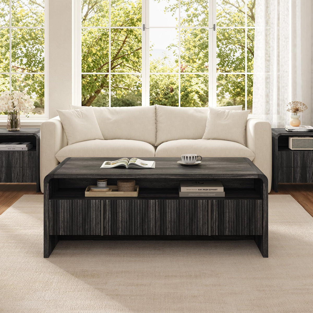 Onyx Modern Wood Grain Coffee Table with Drawers-Black-Fluted