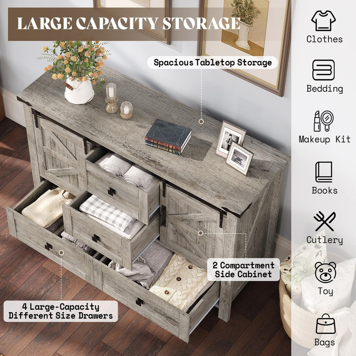 Marlowe Farmhouse Dresser with Drawers-15.8"D x 47"W x 31"H (4 Drawers)-Light Rustic Oak