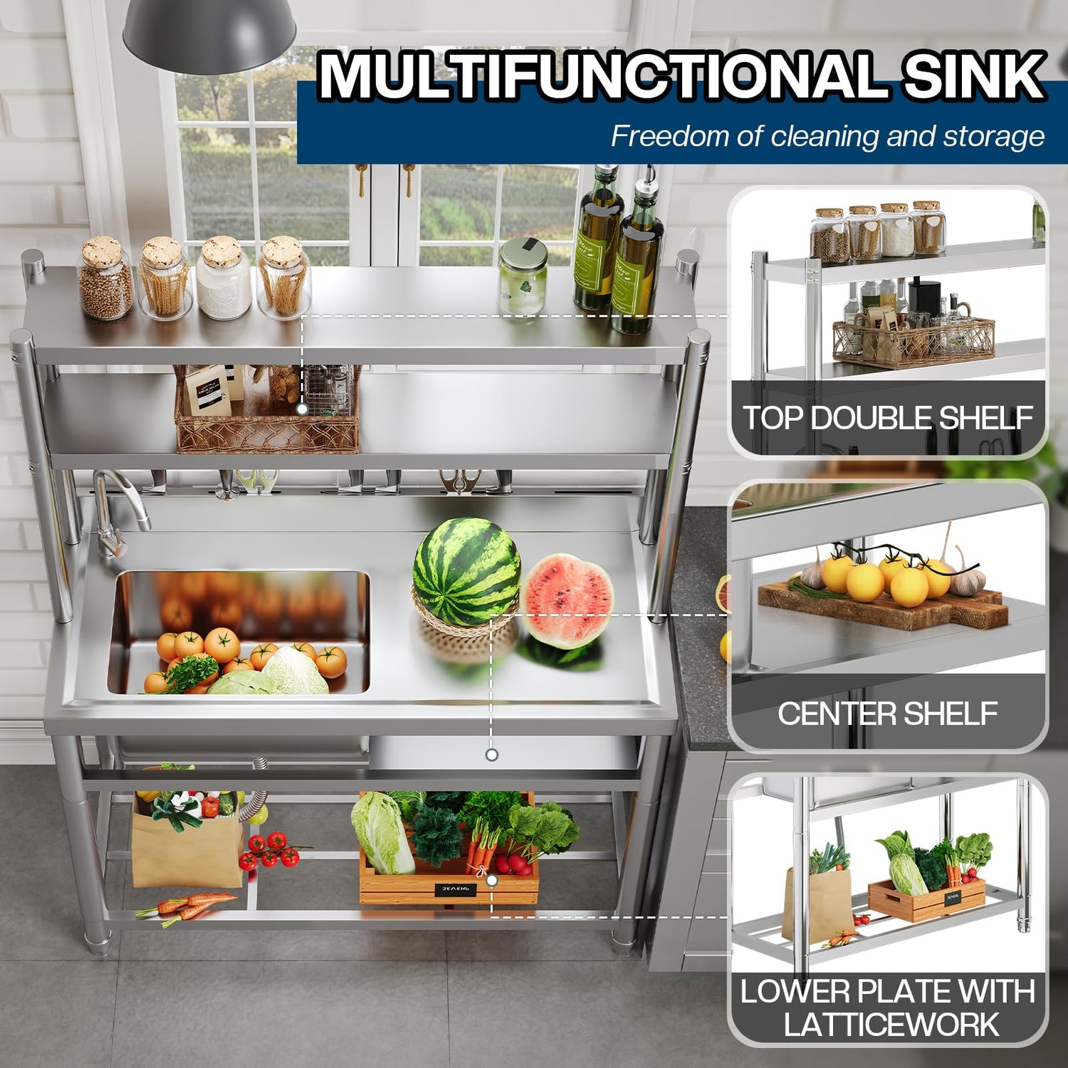 Plinth Stainless Steel Utility Sink with Faucet & Storage-Plinth Stainless Steel Utility Sink with Faucet & Storage-Single Bowl with Right Worktop