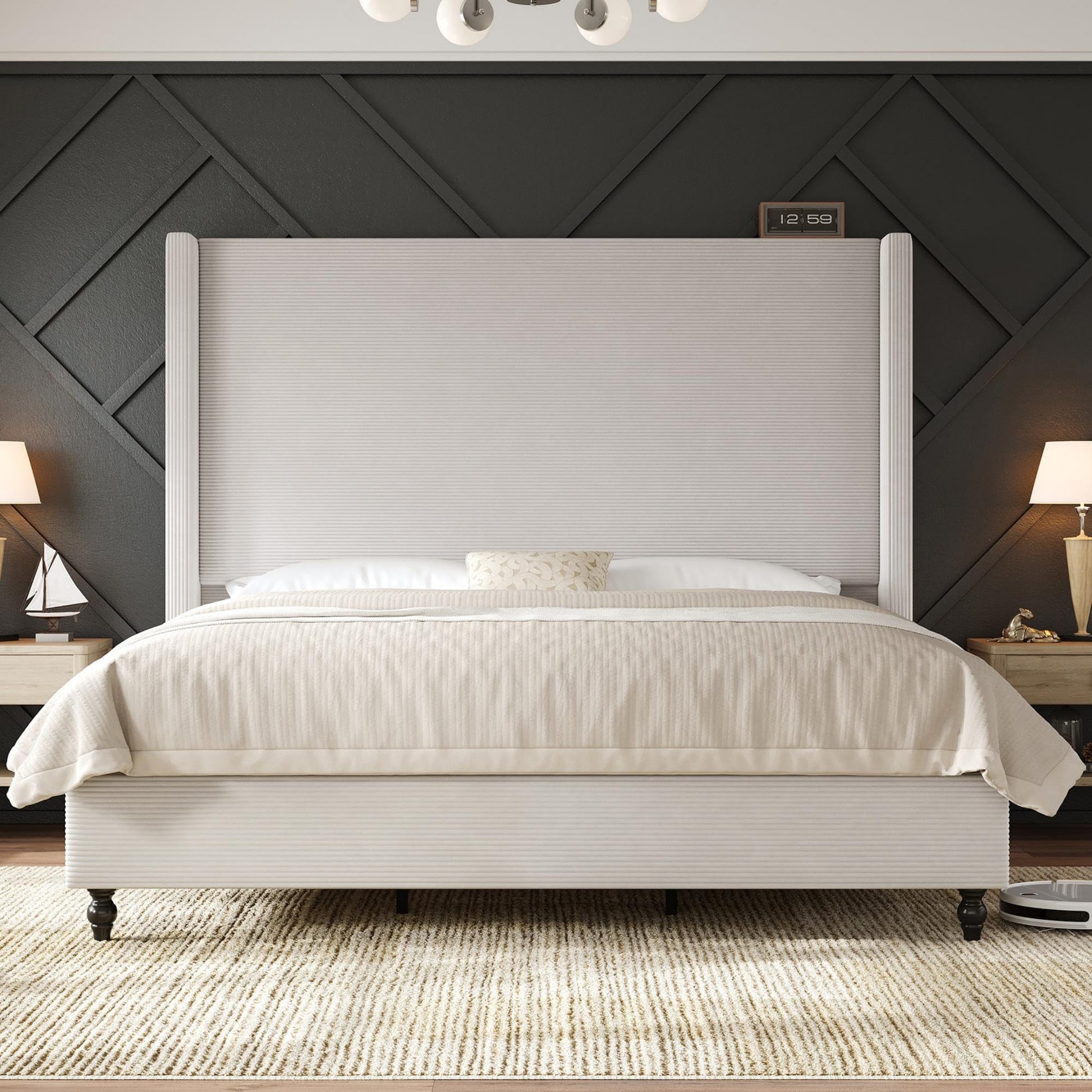Cordelle Corduroy Wingback Bed Frame-California King-Cream