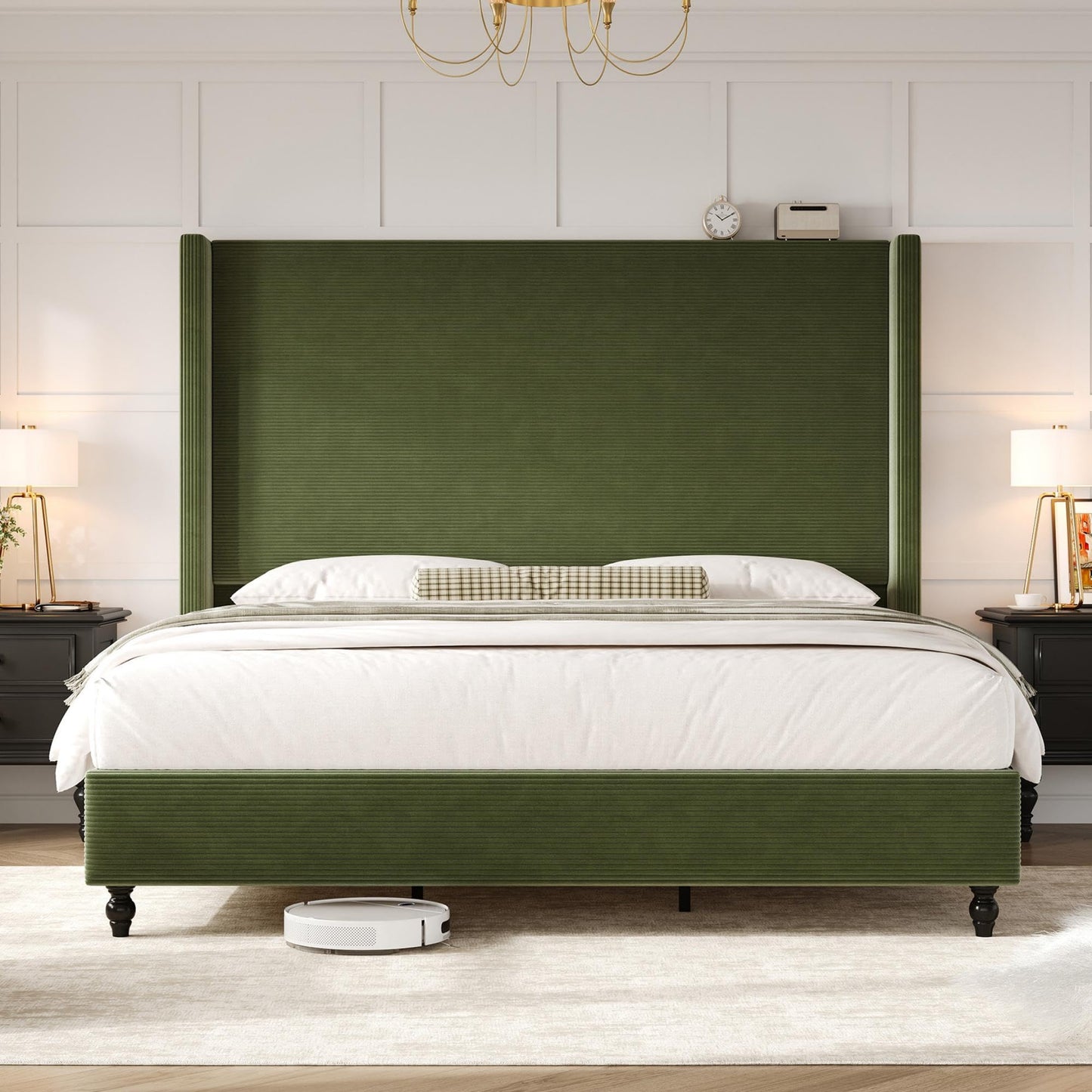 Cordelle Corduroy Wingback Bed Frame-Queen-Green