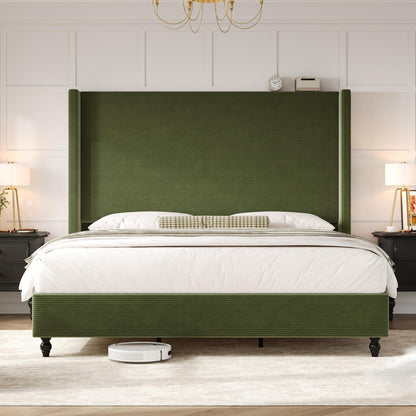 Cordelle Corduroy Wingback Bed Frame-Queen-Green