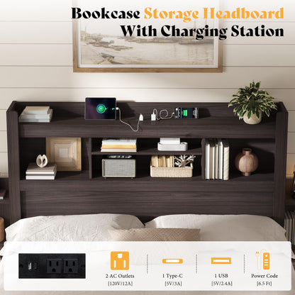 Farmhouse King Headboard with Storage & LED Lighting-Black Oak-King