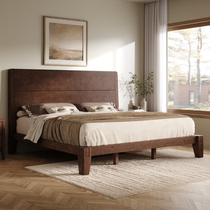 Japanese Joinery Solid Wood King Bed Frame-King-Dark Walnut