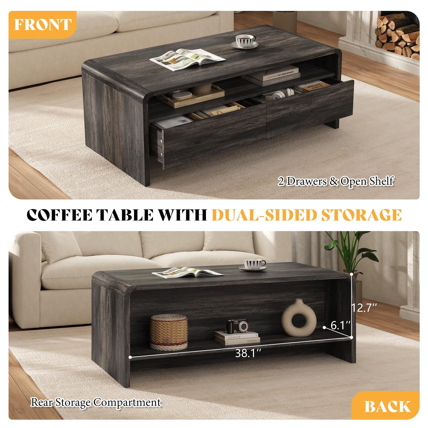 Modern Wood Grain Coffee Table with Drawers-Black-Flat