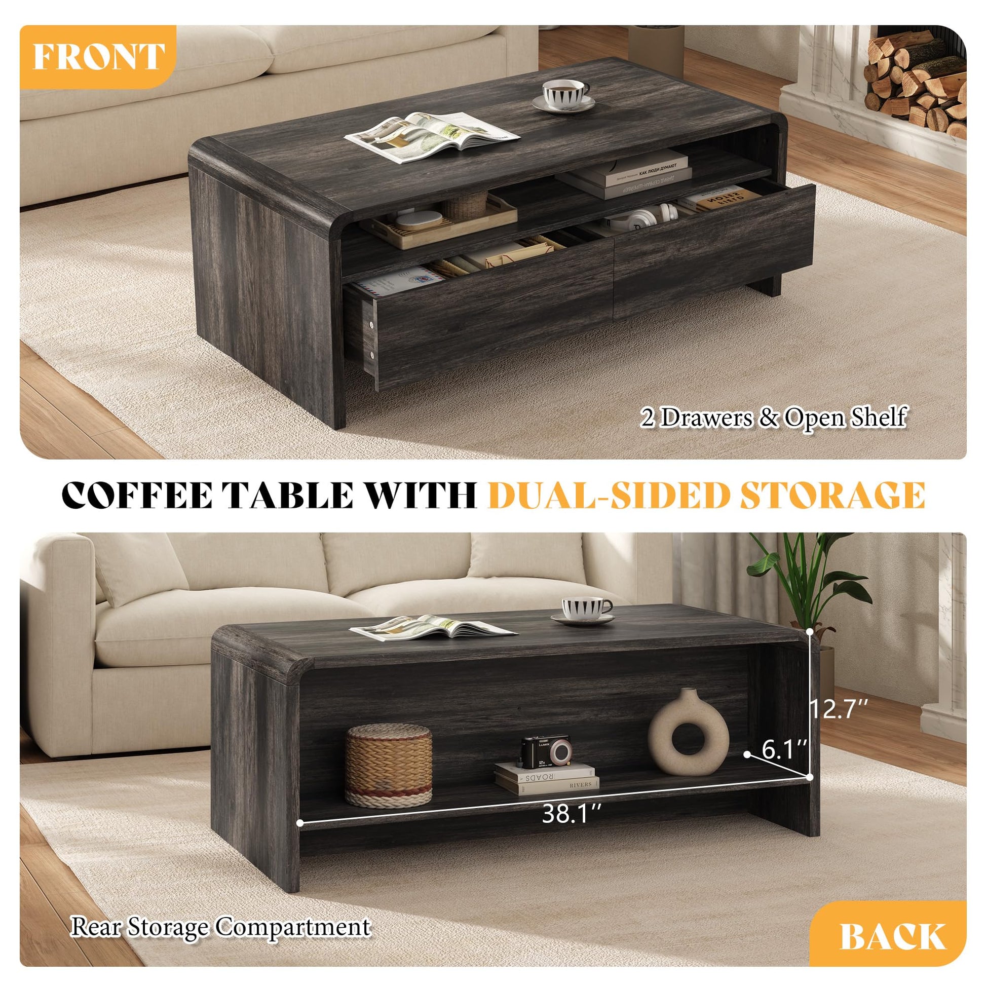 Modern Wood Grain Coffee Table with Drawers-Black-Flat