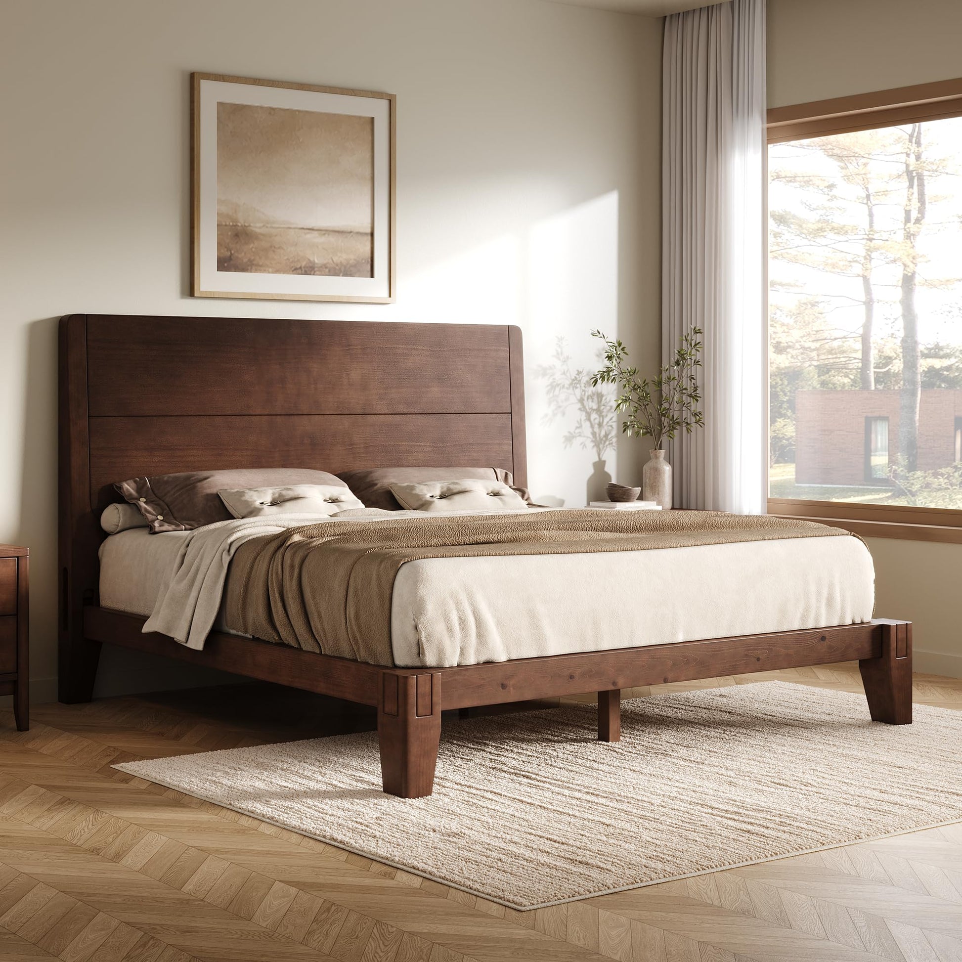 Japanese Joinery Solid Wood King Bed Frame-Full-Dark Walnut