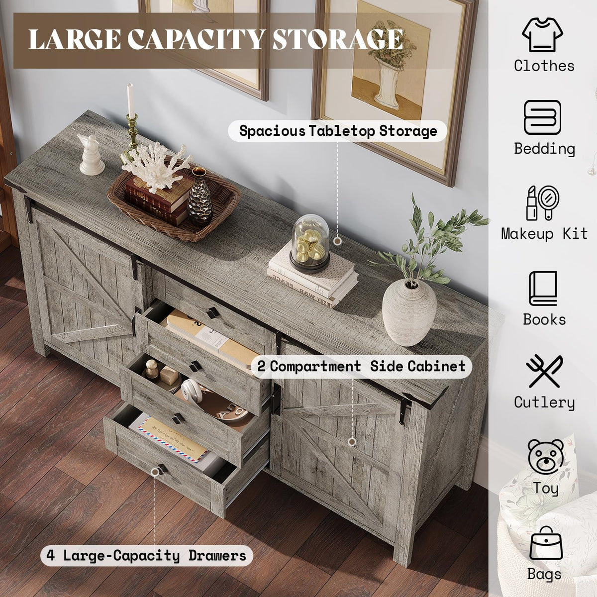 Marlowe Farmhouse Dresser with Drawers-15.8"D x 60"W x 31"H (4 Drawers)-Light Rustic Oak