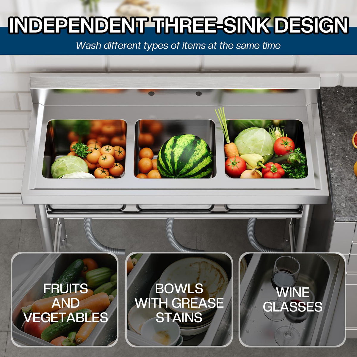 Plinth Stainless Steel Utility Sink with Faucet & Storage-Triple-Bowl