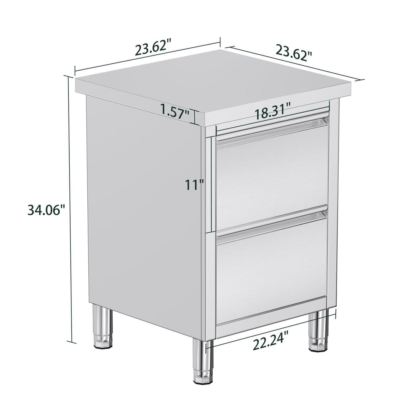 Stainless Steel Work Table with Cabinet & Drawers-24" x 24" x 34" - Double Drawer Cabinet