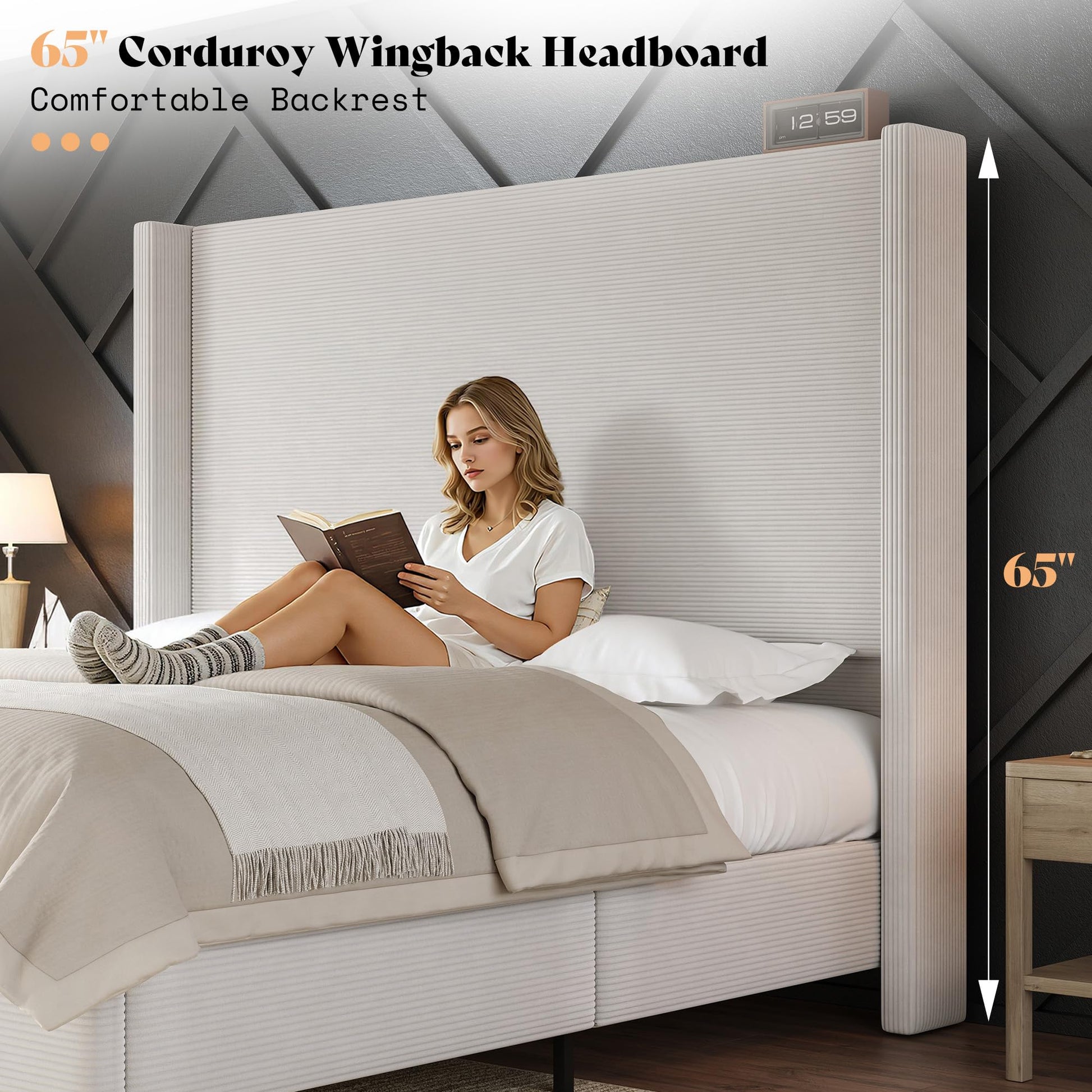 Cordelle Corduroy Wingback Bed Frame-King-Cream