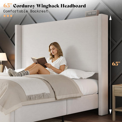 Cordelle Corduroy Wingback Bed Frame-King-Cream