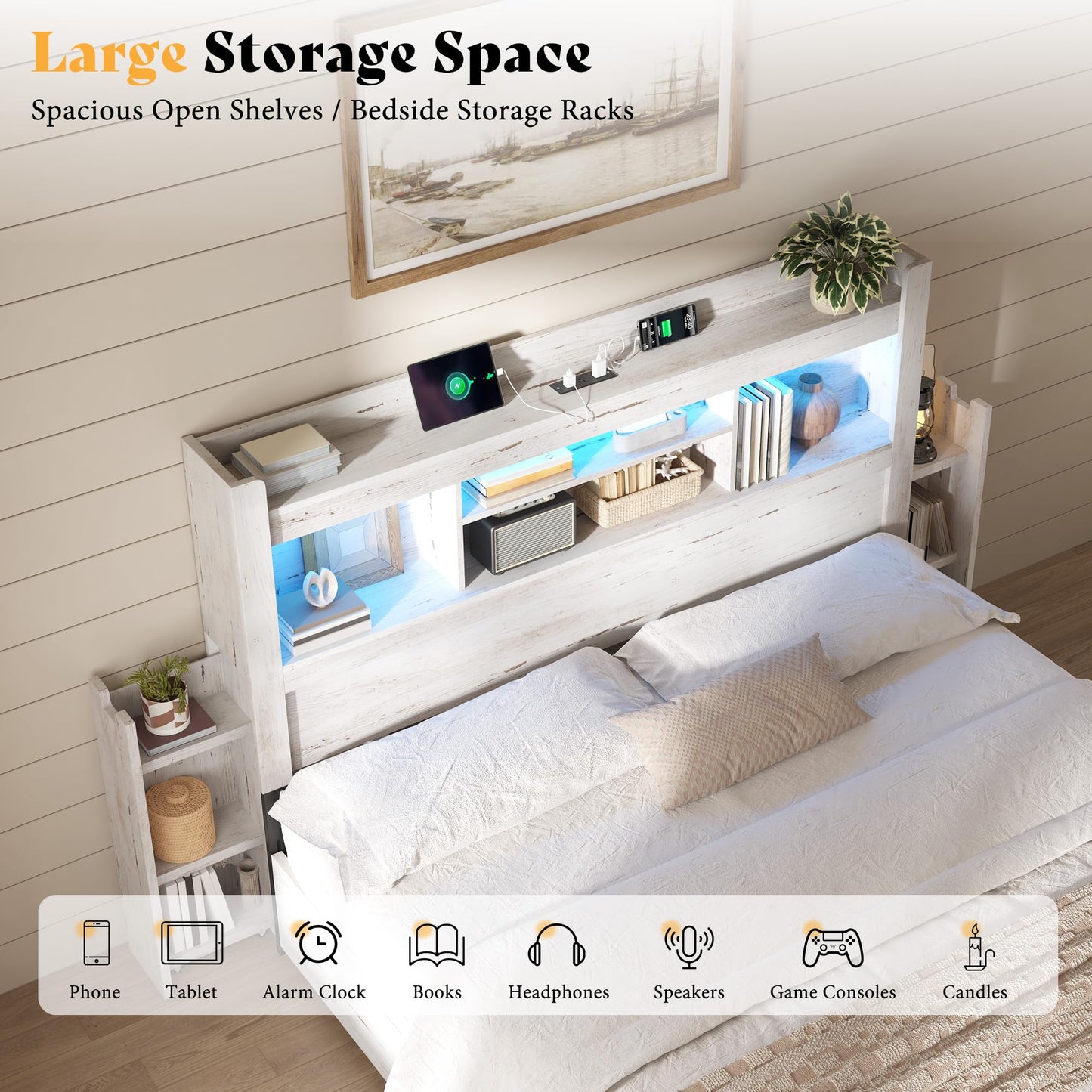 Farmhouse King Headboard with Storage & LED Lighting-Distressed White-Queen