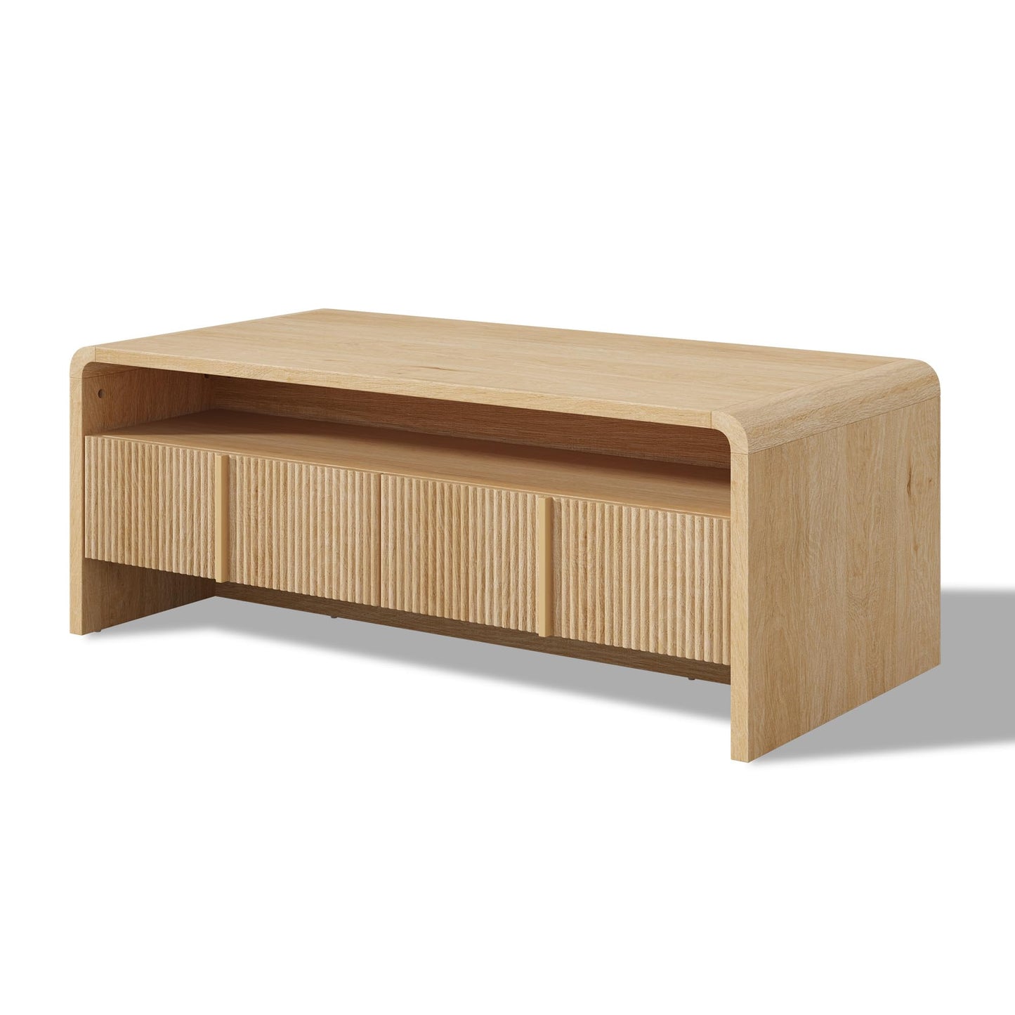 Modern Wood Grain Coffee Table with Drawers-Natural Oak-Fluted