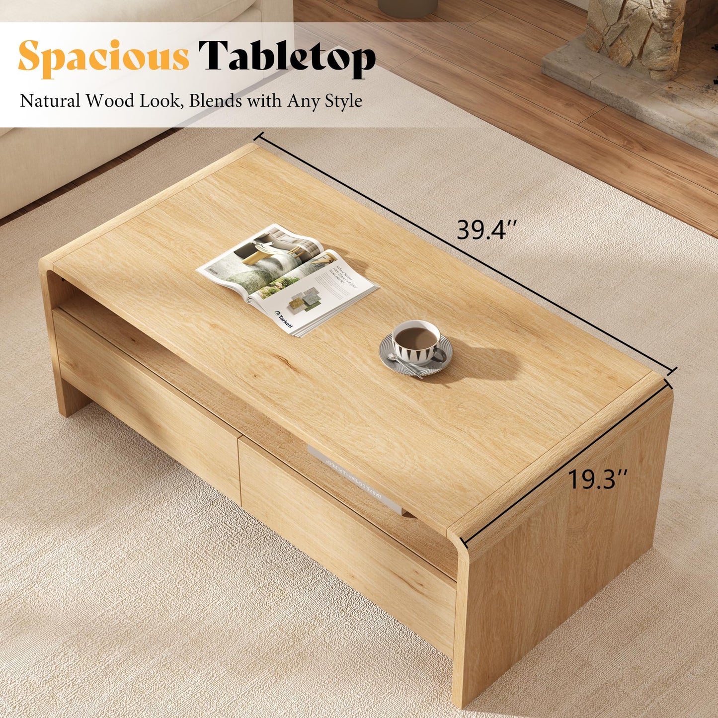 Modern Wood Grain Coffee Table with Drawers-Natural Oak-Flat
