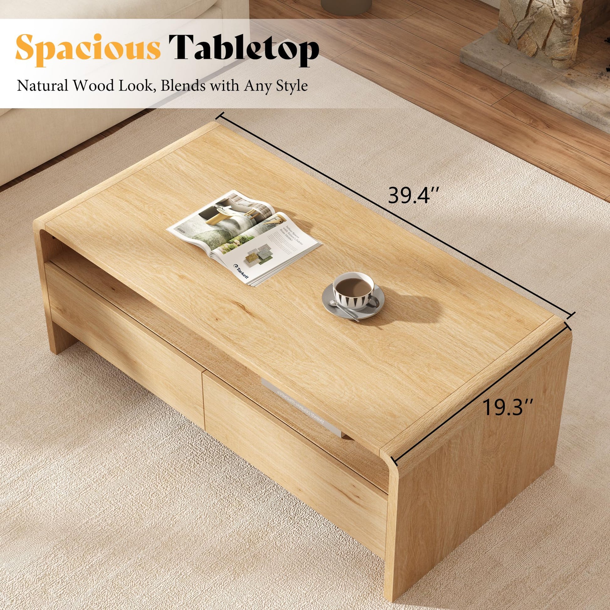 Modern Wood Grain Coffee Table with Drawers-Natural Oak-Flat