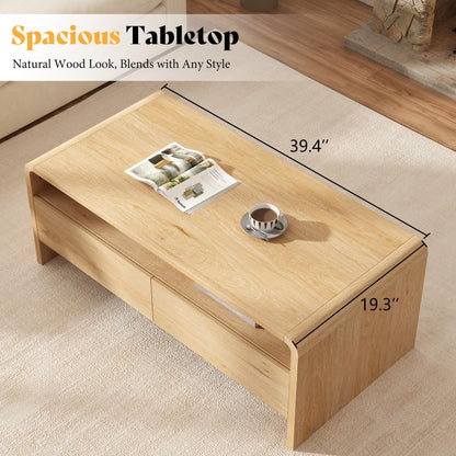 Modern Wood Grain Coffee Table with Drawers-Natural Oak-Flat