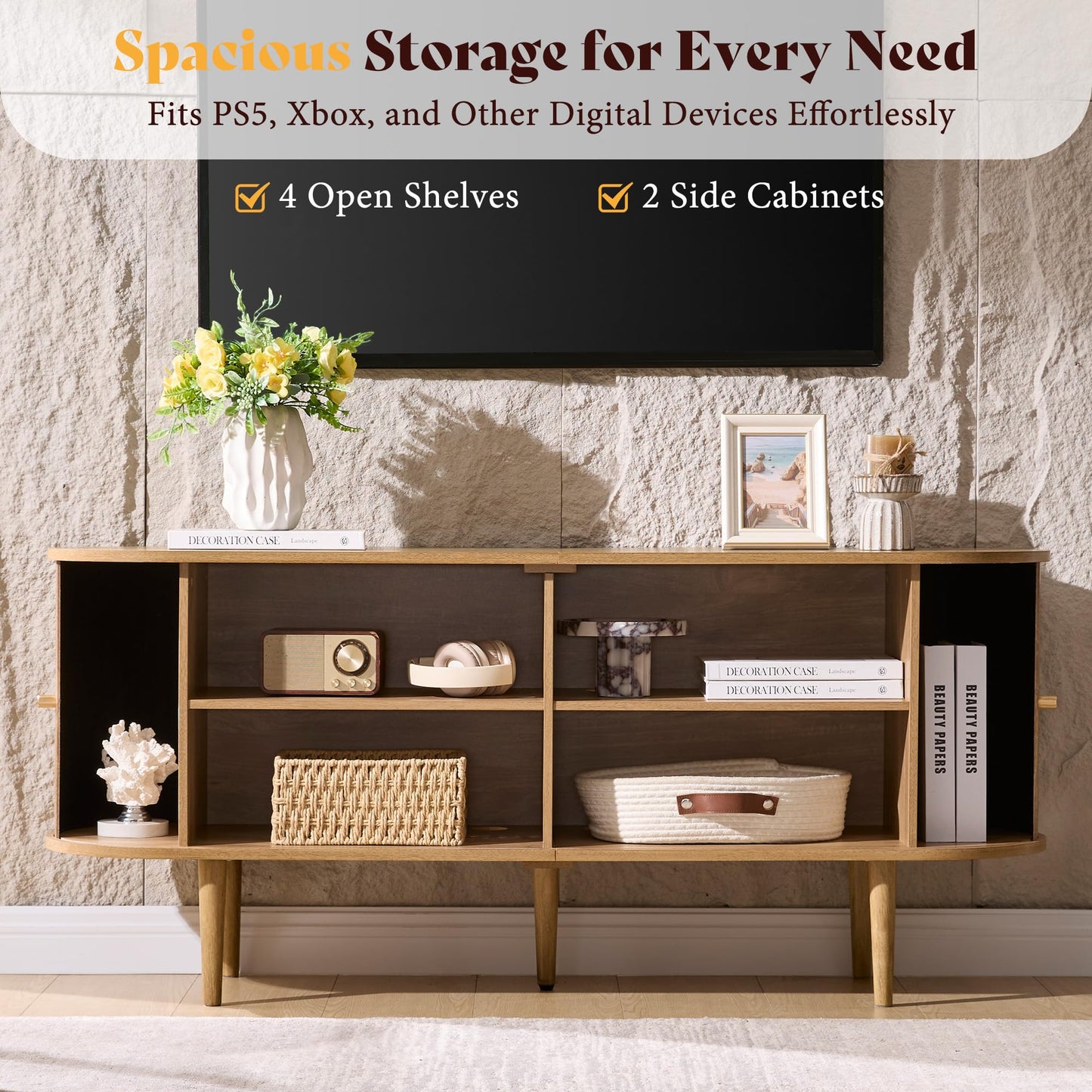 55" Mid-Century Modern TV Stand-Natural Oak