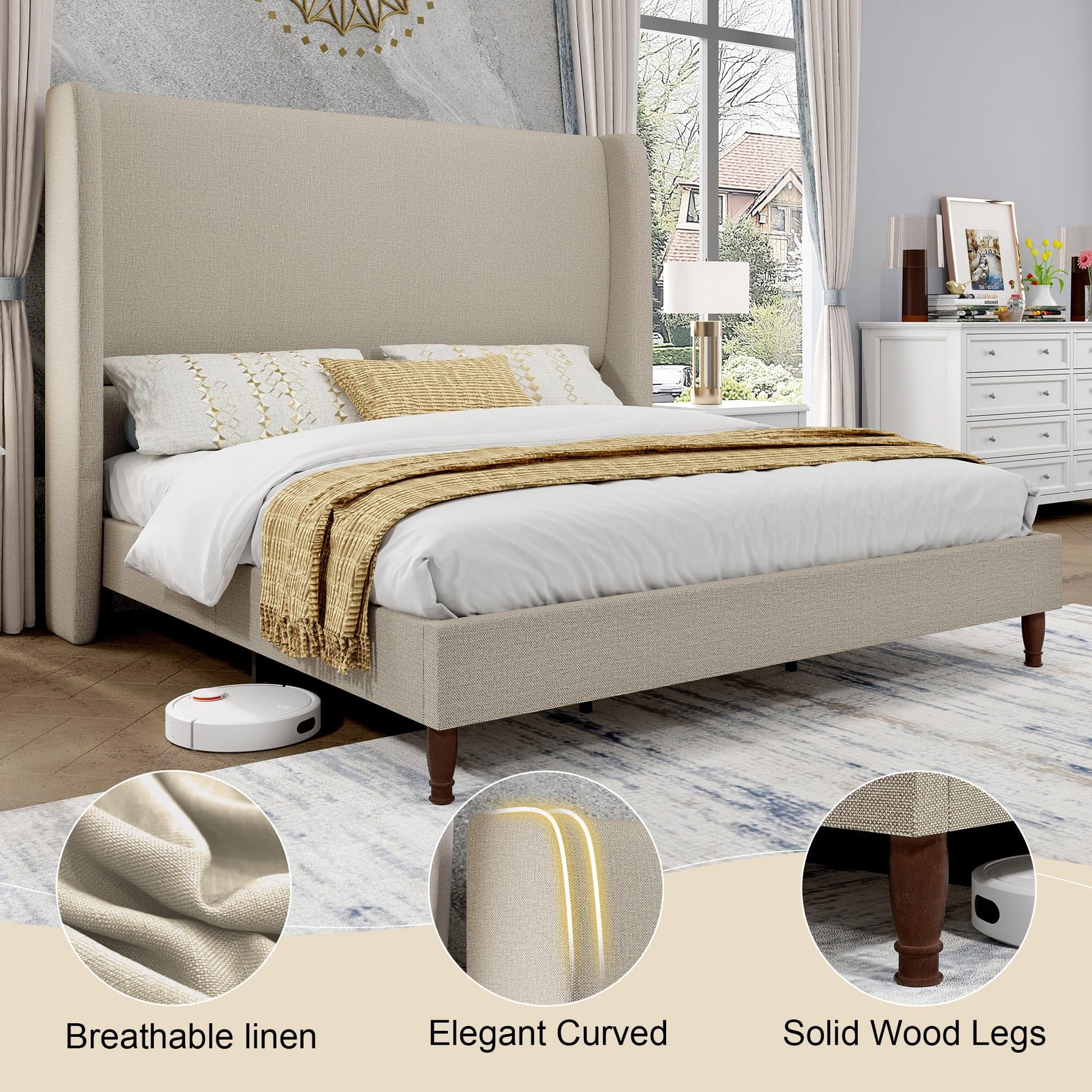 Tall Upholstered Bed Frame with Wingback Headboard-King-Khaki