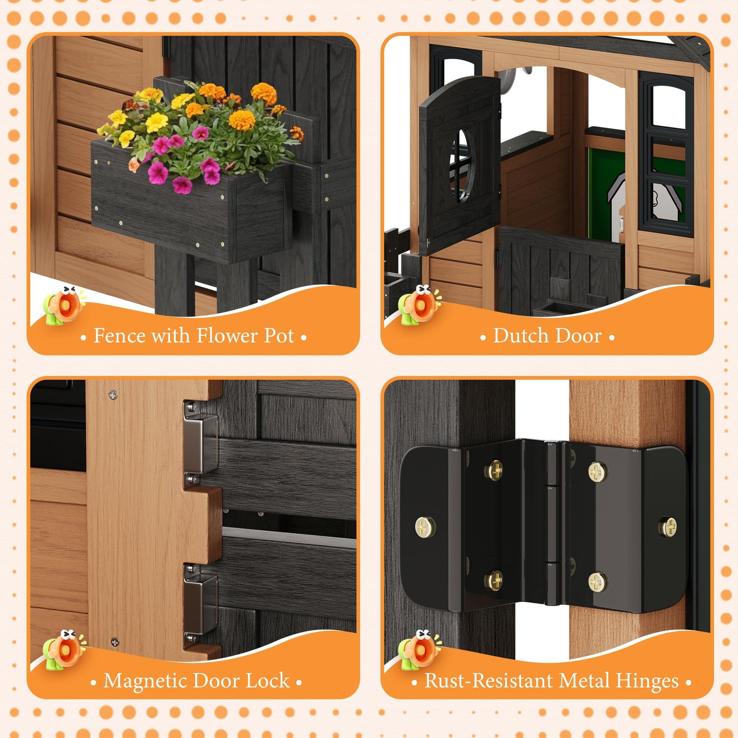 Wooden Outdoor Playhouse for Kids with Kitchen-Brown-51.4" L x 60.2" W x 60.2" H