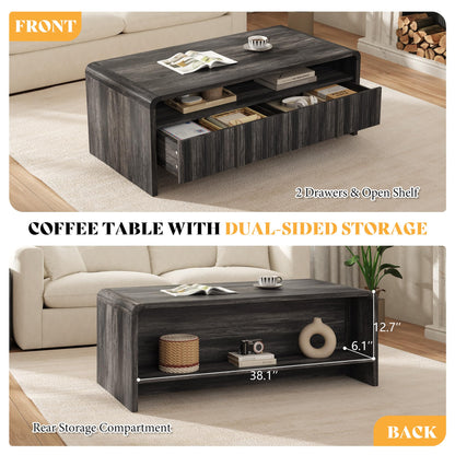 Onyx Modern Wood Grain Coffee Table with Drawers-Black-Fluted