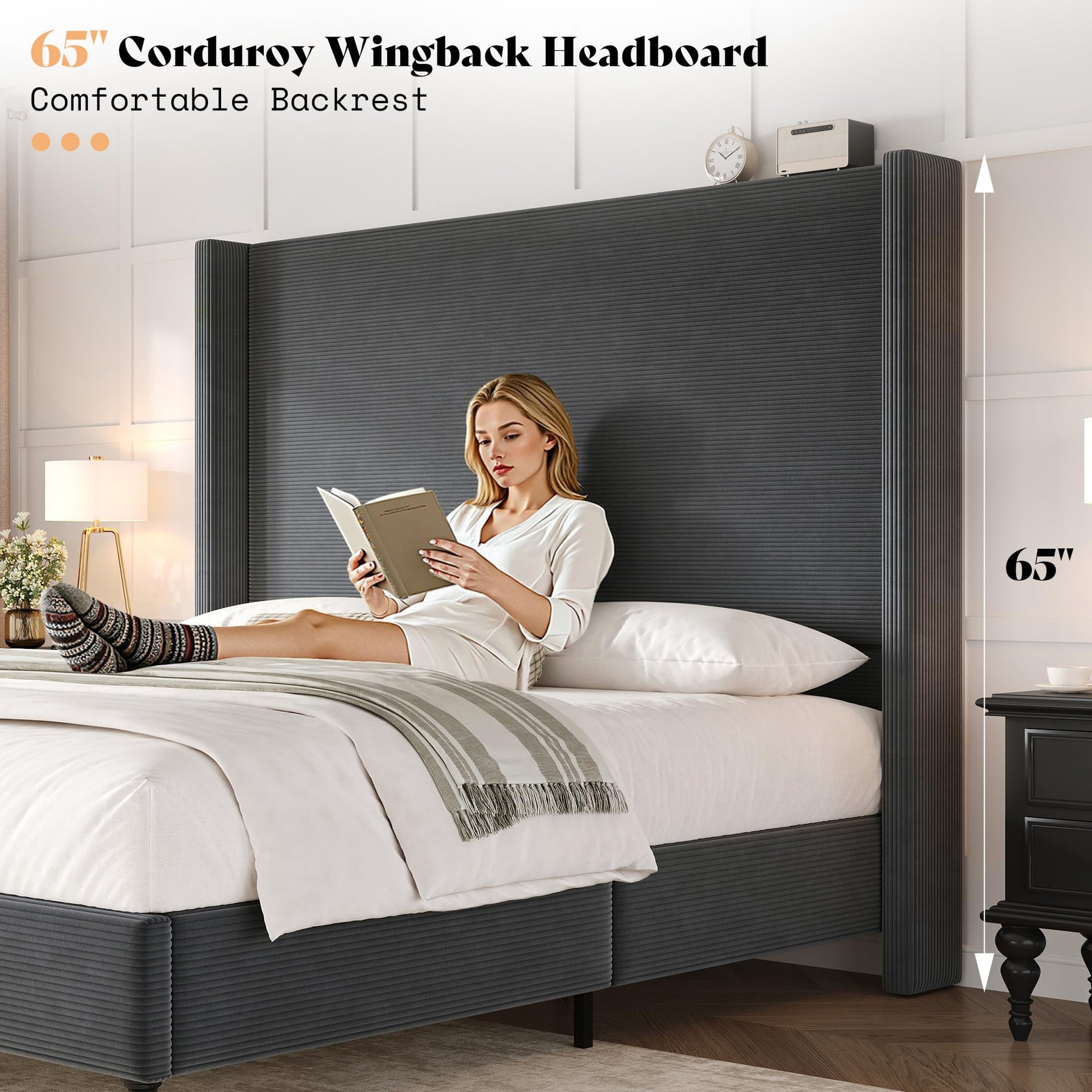 Cordelle Corduroy Wingback Bed Frame-California King-Dark Grey