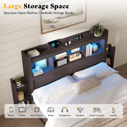 Farmhouse King Headboard with Storage & LED Lighting-Black Oak-King