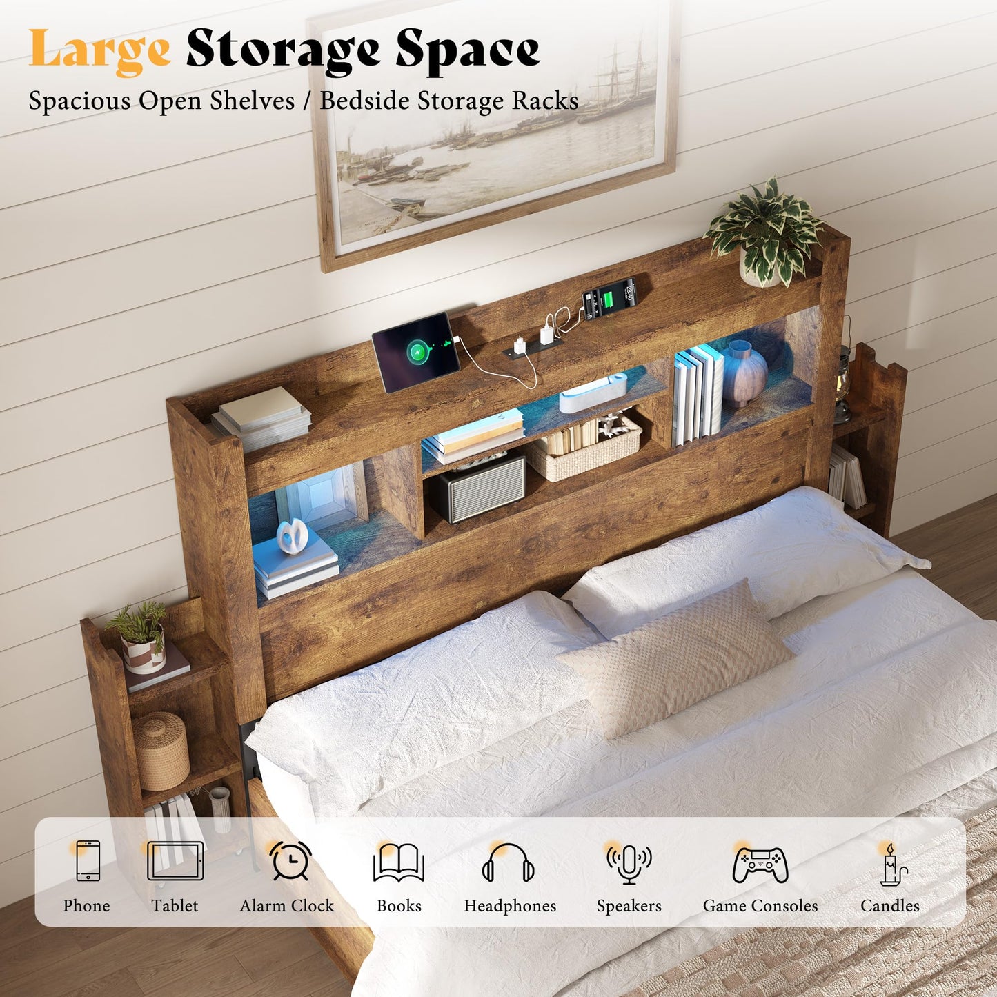 Farmhouse King Headboard with Storage & LED Lighting-Rustic Brown-King