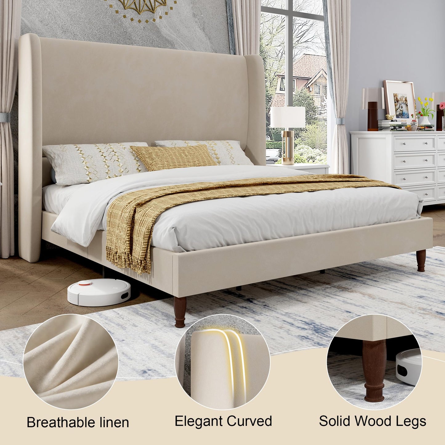 Tall Upholstered Bed Frame with Wingback Headboard-King-Off-white