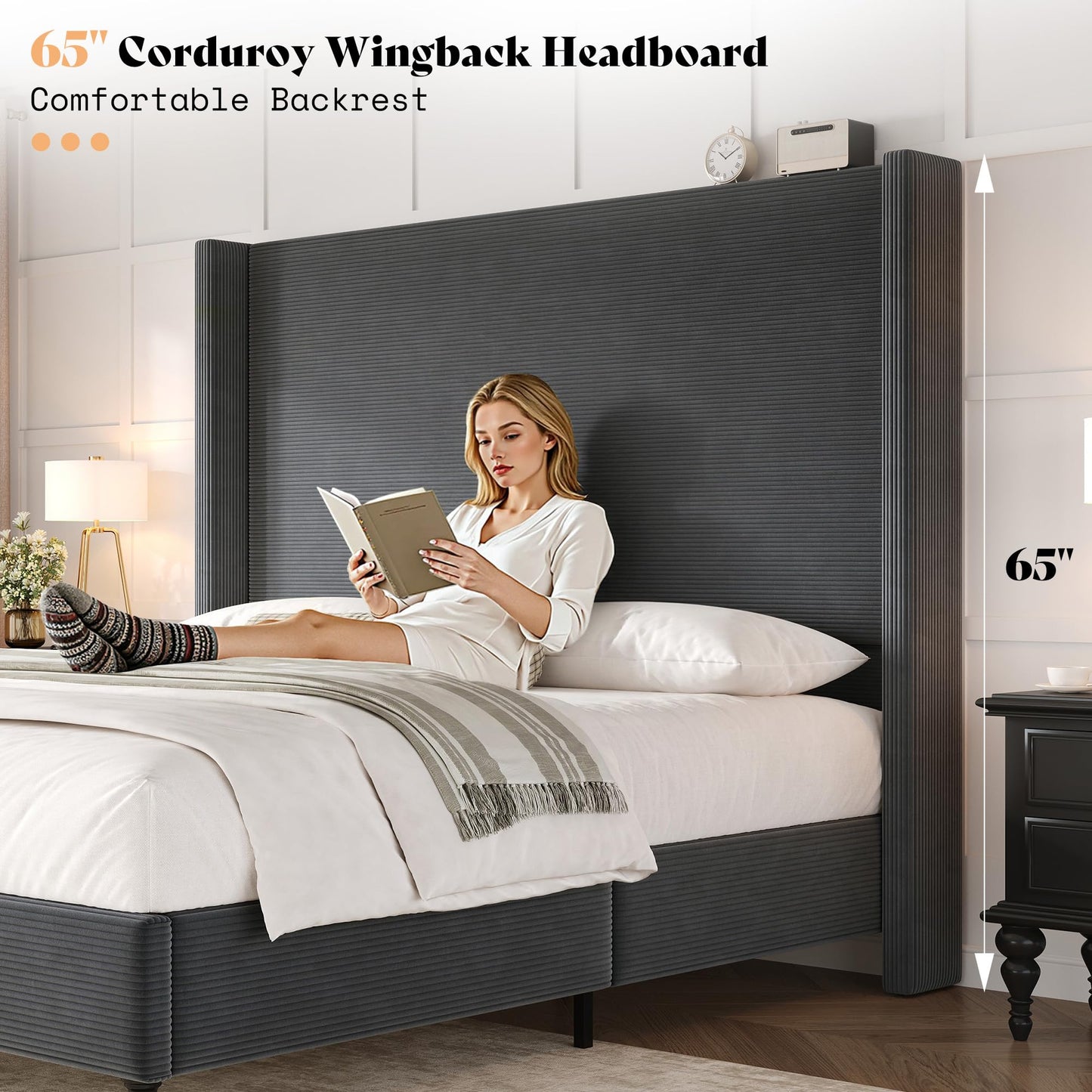 Cordelle Corduroy Wingback Bed Frame-King-Dark Grey