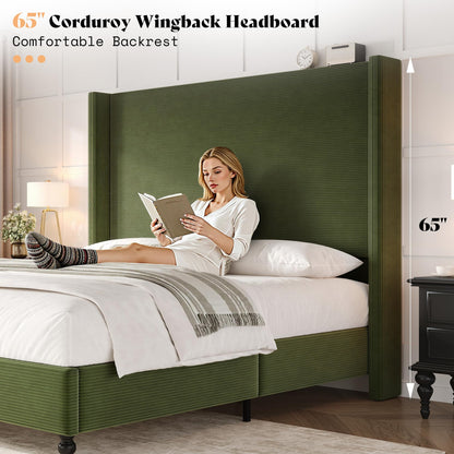 Cordelle Corduroy Wingback Bed Frame-King-Green