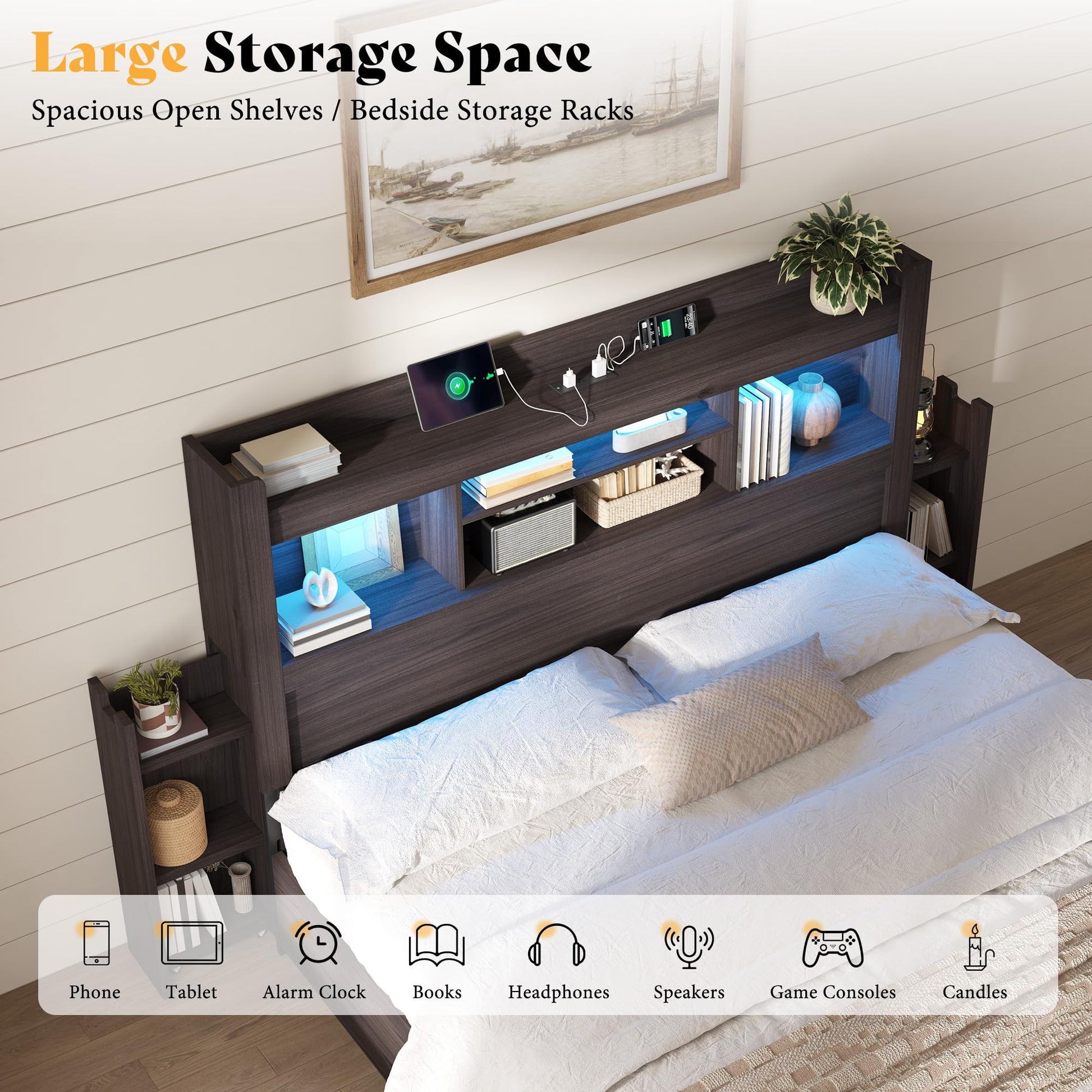 Farmhouse King Headboard with Storage & LED Lighting-Black Oak-Queen