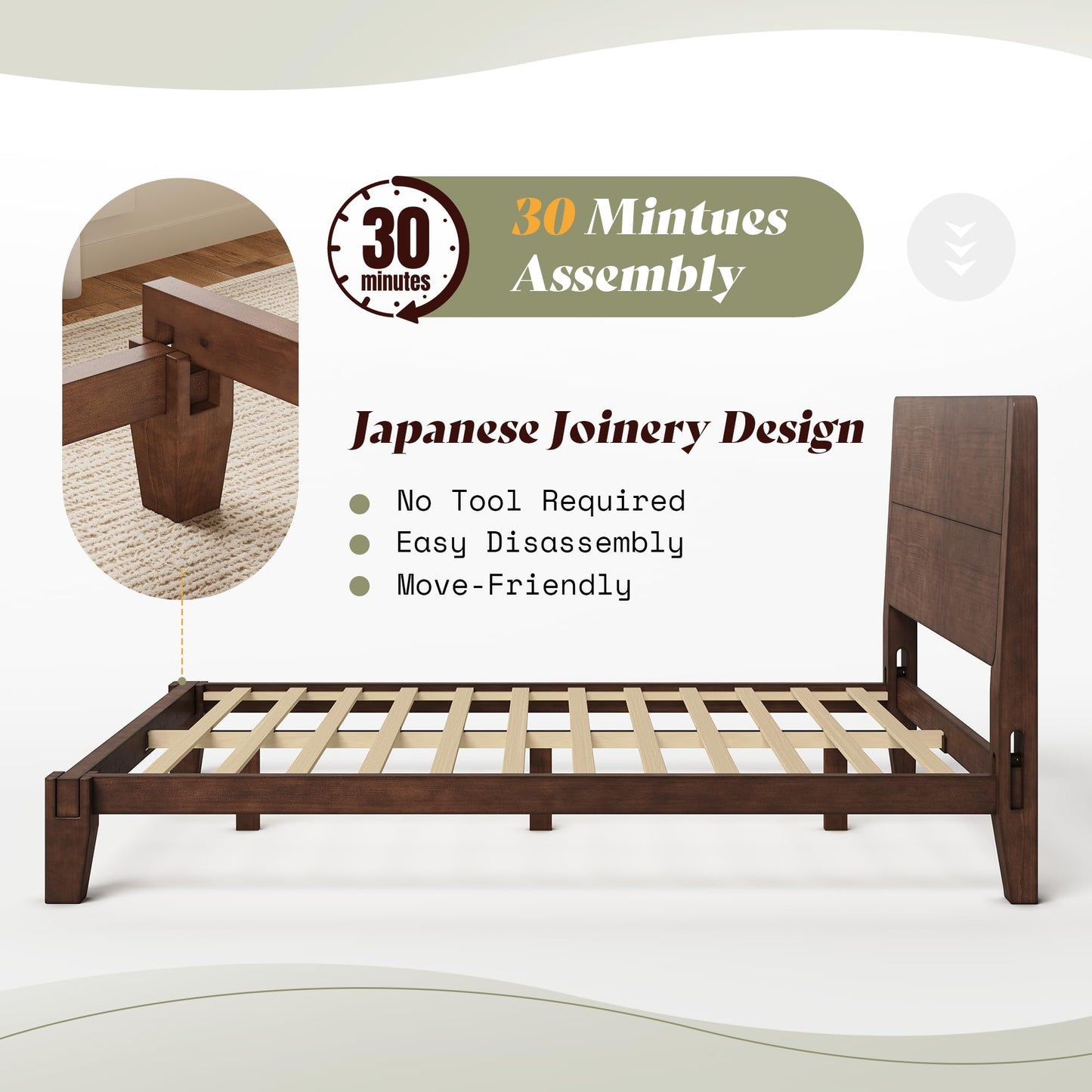Japanese Joinery Solid Wood King Bed Frame-Queen-Dark Walnut