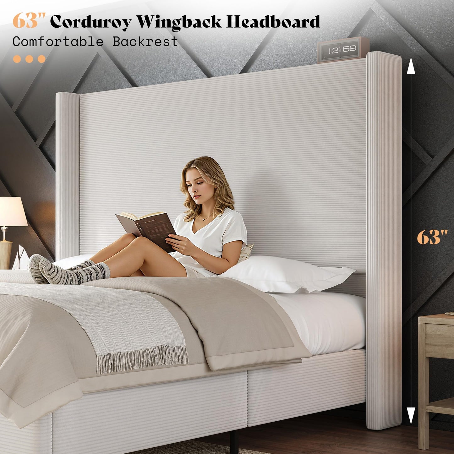 Cordelle Corduroy Wingback Bed Frame-Queen-Cream